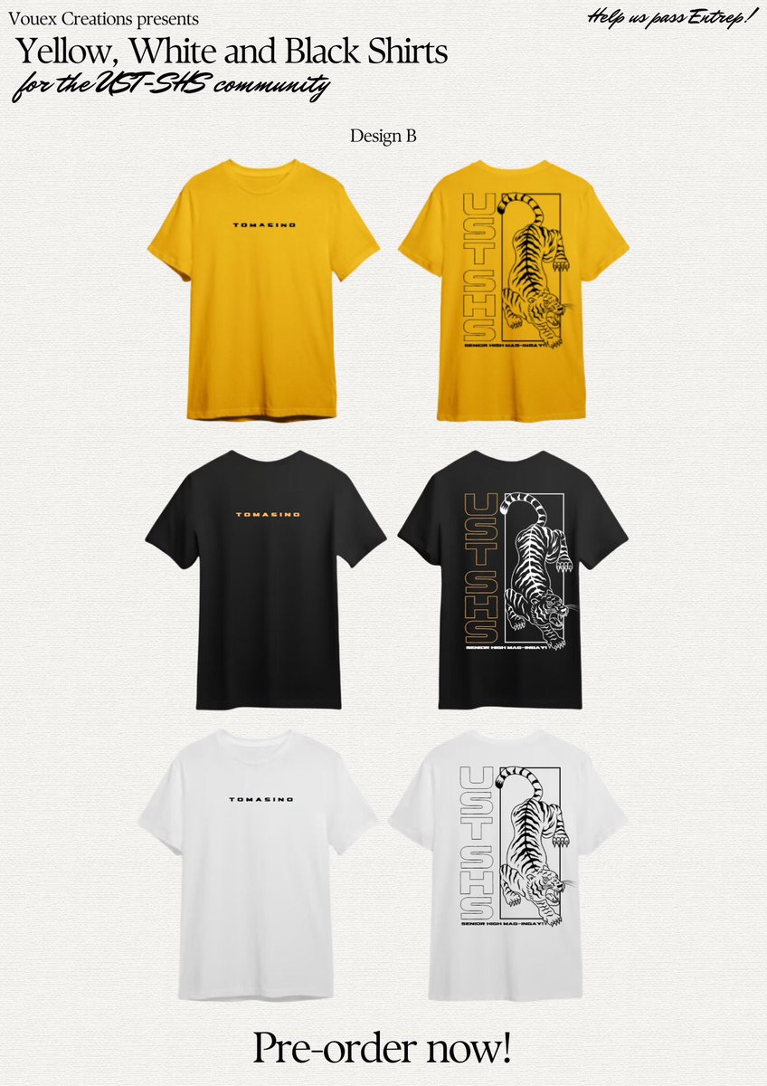 agramnyle's tweet photo. ✨Voeux presents...✨

UST-SHS themed shirts in colorways of Yellow, White and Black!

Prices:
✨Design A - 280 pesos (XS-XL) / 300 pesos (2XL-3XL)
✨Design B - 350 pesos (XS-XL) / 370 pesos (2XL-3XL)

✨Pre-order Form: https://t.co/h3tyOxSw93 https://t.co/qCWUtP9Ibx