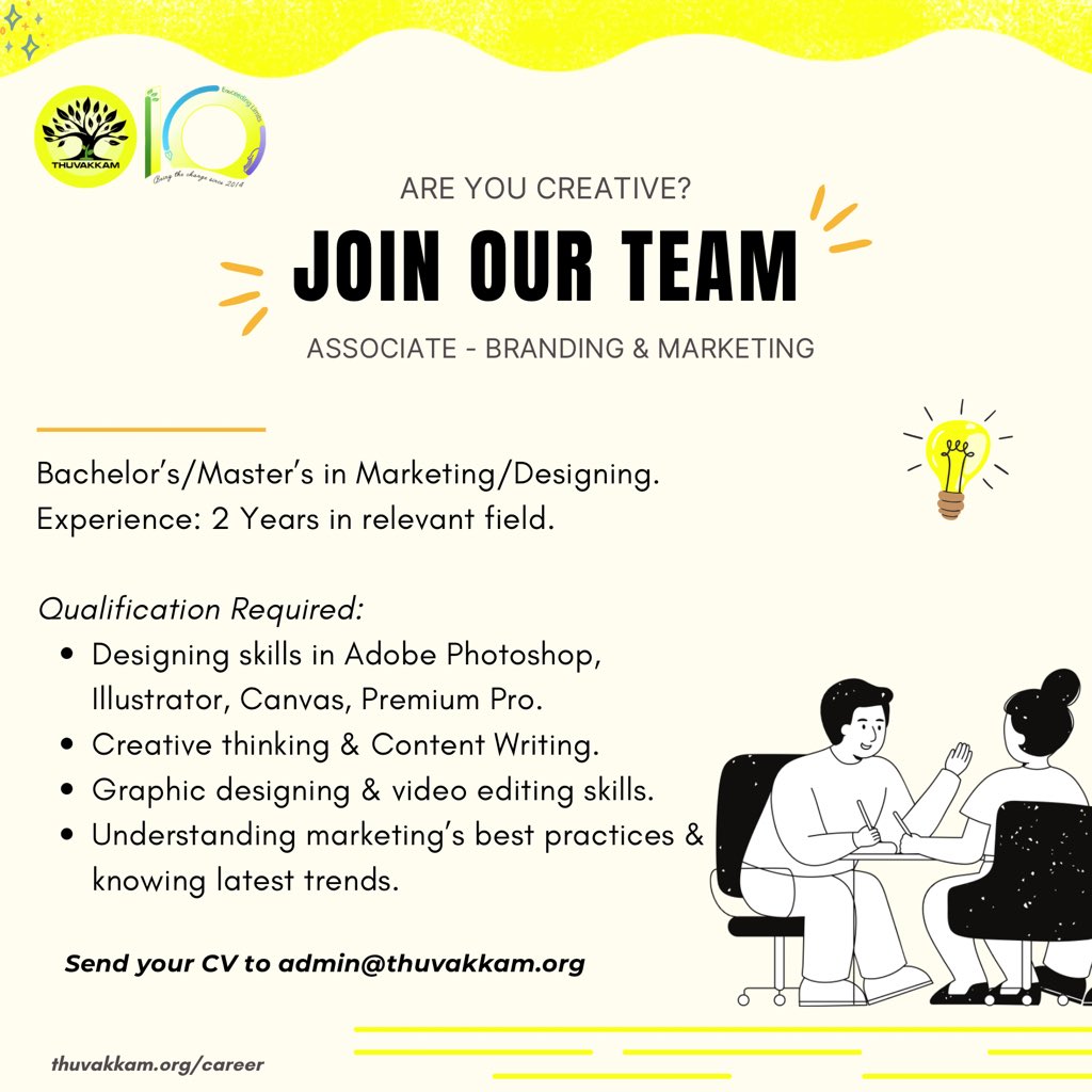Thuvakkam's tweet photo. Join us!
#JobOpening Thuvakkam for Associate- Marketing &amp; Branding

Interested Candidates can send their resumes and a brief note on why they want to work with Thuvakkam to admin@thuvakkam.org

More details- https://t.co/3xo0pEFvpp
.
.
#Thuvakkam #Team #JoinUs https://t.co/GT74xQcqTf