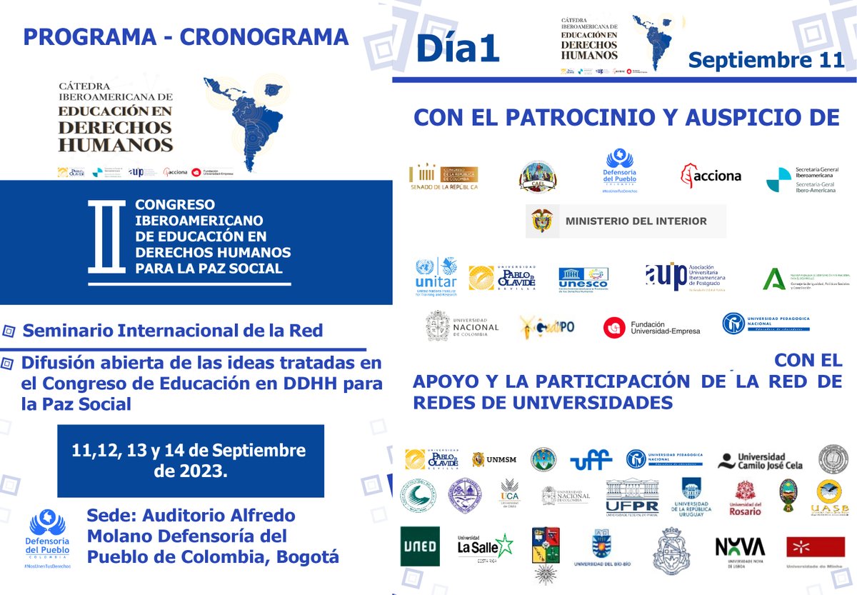 PUDHUNAM's tweet image. II CONGRESO IBEROMERICANO DE EDUCACION EN DERECHOS HUMANOS PARA LA PAZ SOCIAL
11,12, 13 y 14 de Septiembre de 2023 
Defensoría del Pueblo de Colombia, Bogotá Colombia.

ciedh.org/congreso-ibero…

#UNAM #PabloOlavide #PUDHUNAM 
#DerechosHumanos #DesarrolloSostenible