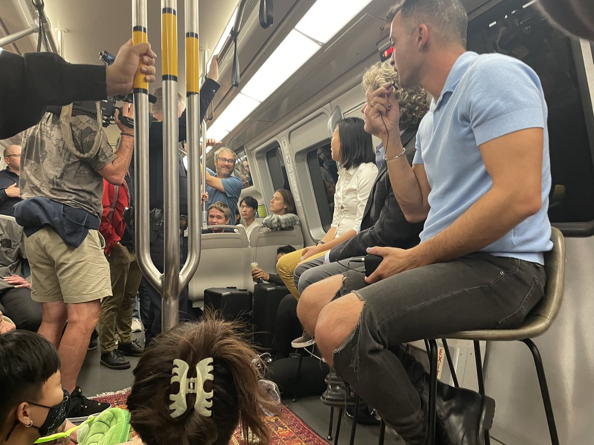 SFBART's tweet image. We are having a live conversation on board a train with @welcometomannys in celebration of #transitmonth. 

BART General Manager Bob Powers and @JaniceForBART are talking about the future of BART and answering questions about everything from safety to the famous BART screech.
