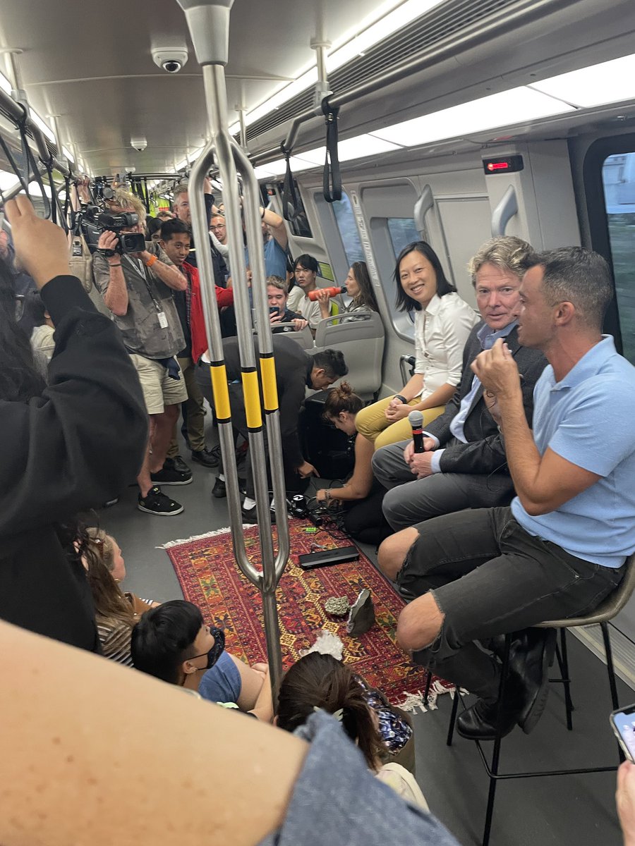 SFBART's tweet image. We are having a live conversation on board a train with @welcometomannys in celebration of #transitmonth. 

BART General Manager Bob Powers and @JaniceForBART are talking about the future of BART and answering questions about everything from safety to the famous BART screech.