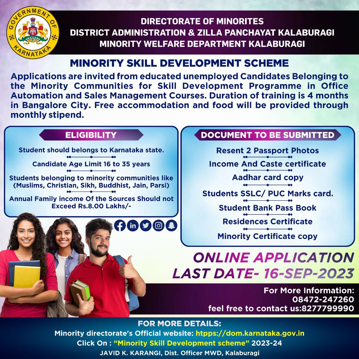 Applications are invited from Minorities candidates for SKILL Development.