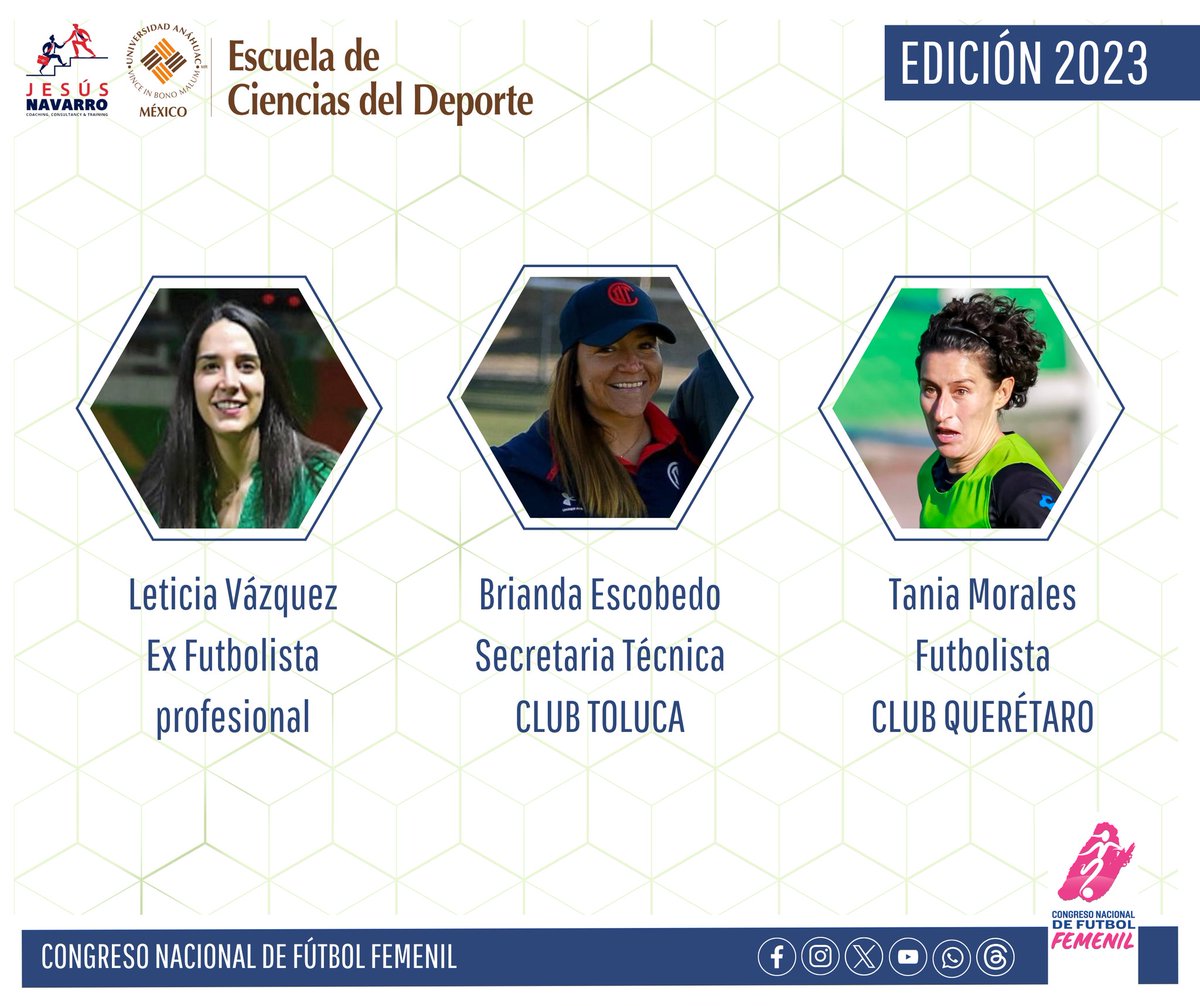 HISTORIAS QUE INSPIRAN ⚽✨

🔝Ex futbolista profesional emblema del Club León, con Master y Licenciatura.

😎Ex futbolista profesional, Secretaria Técnica del Club Toluca.

🫡Futbolista Profesional ícono de la Liga MX Femenil

🔊 INSCRÍBETE 🔊

#CongresoNacional ⚽️