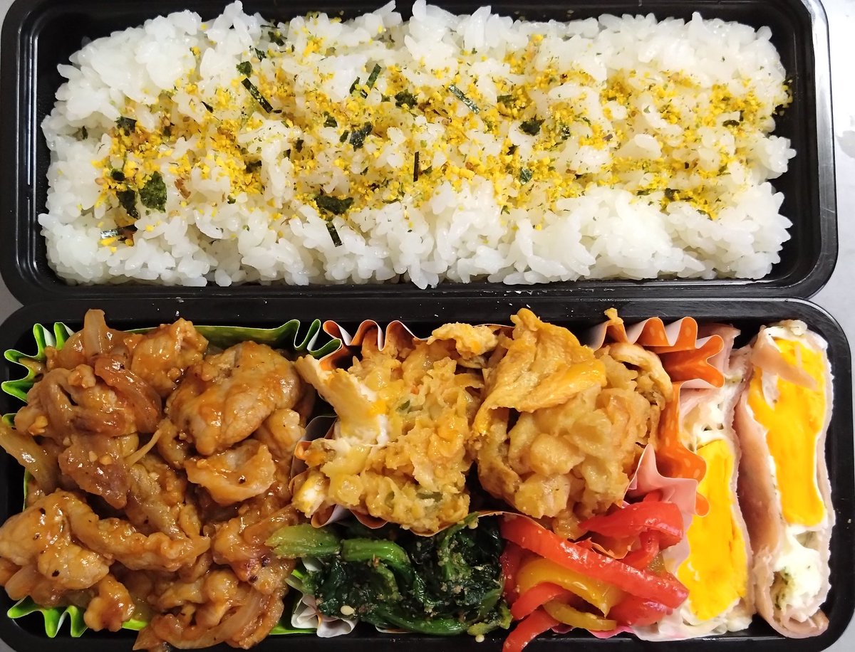 lunastyle2007's tweet photo. 今日のお弁当🍱

🌟ふりかけごはん
🌟三元豚のポークチャップ
🌟野菜かき揚げ玉子とじ
🌟ほうれん草ごまあえ
🌟パプリカナムル
🌟ハムたまご

#お弁当 #ランチ #ポークチャップ #かき揚げ https://t.co/T4exN46tU8