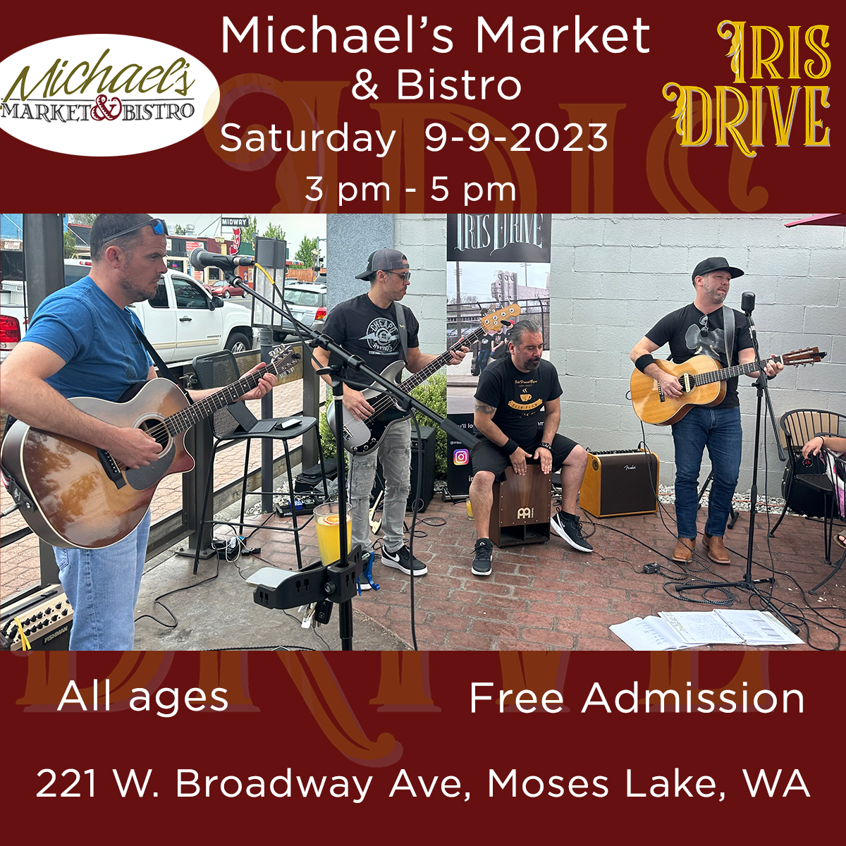 IrisDrive's tweet image. Hey Moses Lake!  Come on over to Micheal's Market &amp;amp; Bistro tomorrow at 3 pm for some great food and great music!