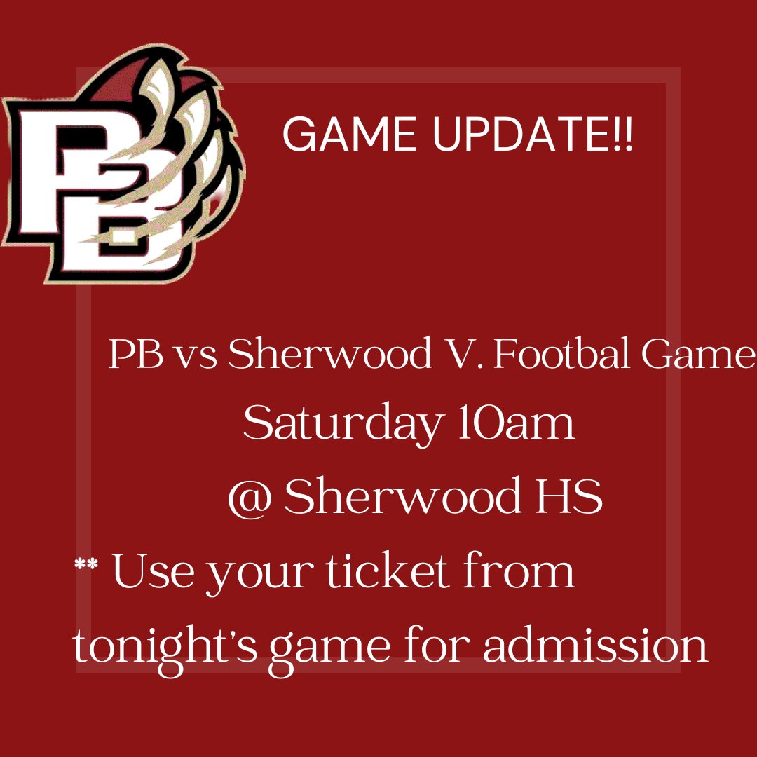 PB 🏈 game postponed until tomorrow! JV 🏈looking to make up game on Wednesday at Sherwood! Stay tuned for details! 🐾