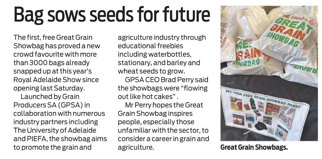 GrainProducerSA's tweet photo. Thanks to the @theTiser for featuring our Great Grain Showbag on page 8 during the week! We’ve now given out about 4,500 at the @adelaideshow. It’s your last chance to grab one. The only free showbag at this year’s show and importantly promoting grain and ag careers 👏#Adelshow https://t.co/wSnre1QH3T