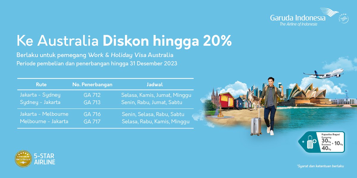 IndonesiaGaruda's tweet photo. Segera nikmati penawaran spesial terbang ke Australia dan dapatkan diskon hingga 20%. Penawaran ini berlaku bagi Anda pemegang Work &amp; Holiday Visa (WHV) Australia.

Periode pembelian dan penerbangan hingga 31 Desember 2023 ✈️

Info selengkapnya : https://t.co/cJ913cTFol https://t.co/OtspI5U4XL