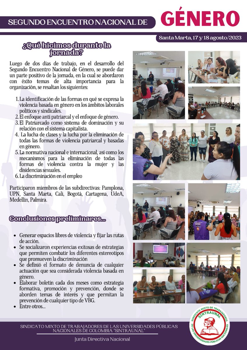 SintraunalUPN's tweet photo. II Encuentro Nal de Género en la Univ. del Magdalena, ciudad de  Santa Marta; el objetivo principal del espacio es el avanzar en la  construcción y adopción del enfoque y política organizativa de  SINTRAUNAL, que orienten y desarrollen las funciones de la Secretaría de  Género. https://t.co/Yw5KZFVnk5