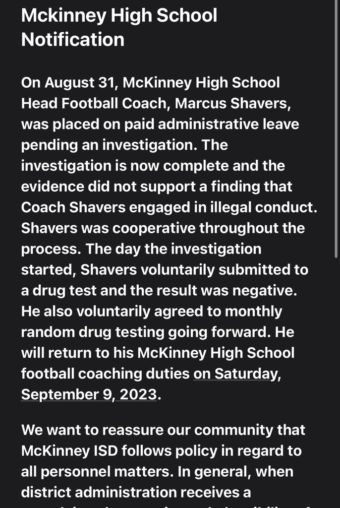 MikeRoach247's tweet photo. McKinney head coach Marcus Shavers cleared of any wrongdoing after an investigation by McKinney ISD. Glad this got resolved and coach Shavers can get back on the field. https://t.co/z6sus6tWGq