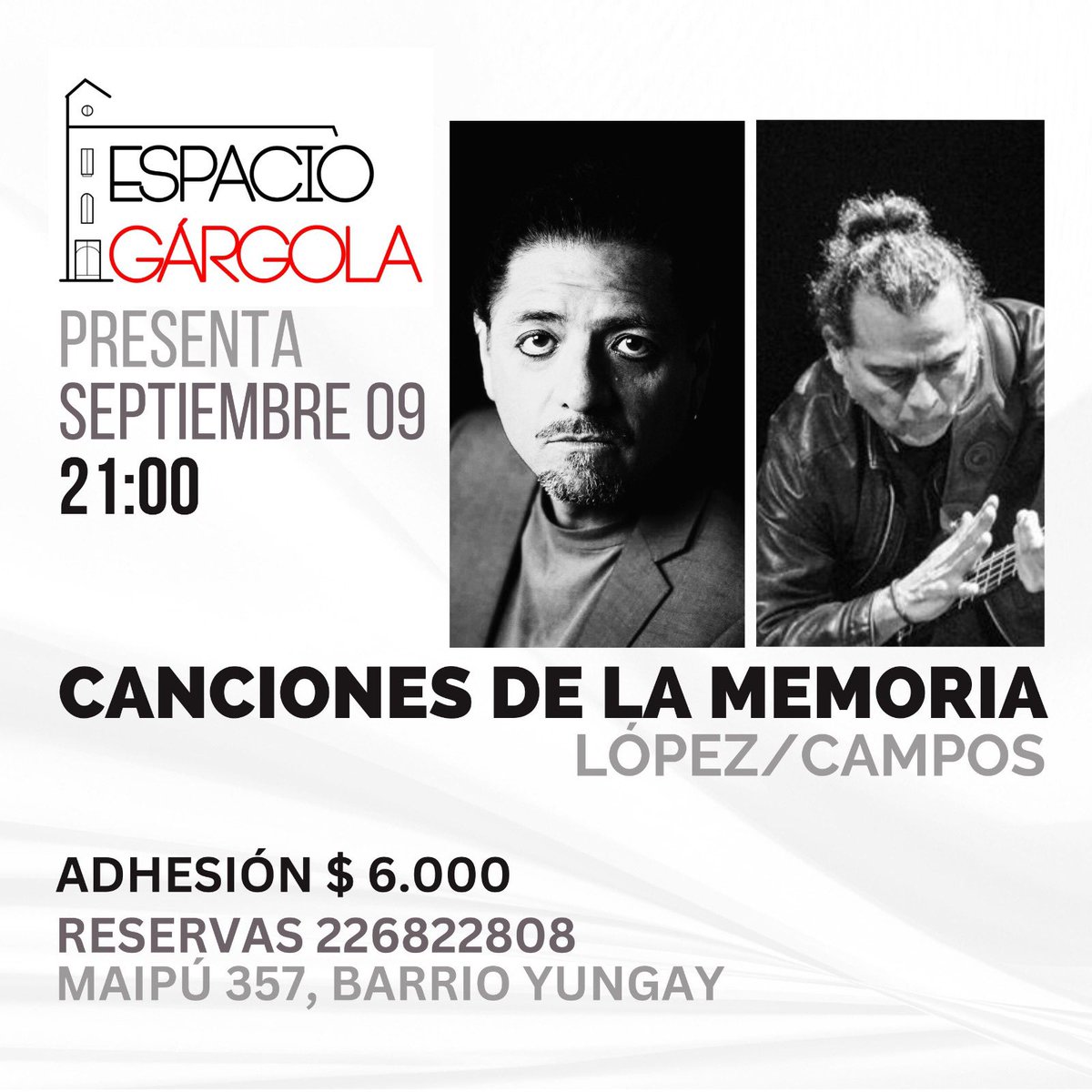 Sábado 9 de 9 a las 9
Tenemos tocata !
Pablo López <a href="/lopez/">Roger Lopez</a>.del.canto y Jorge Campos @jorgecamposproject,   vuelve  a cantar sus Canciones Las de la magia necesaria y la Ausencia de lo sagrado, más las de Santiago del Nuevo Extremo y
Congreso.
“Canciones de la Memoria”