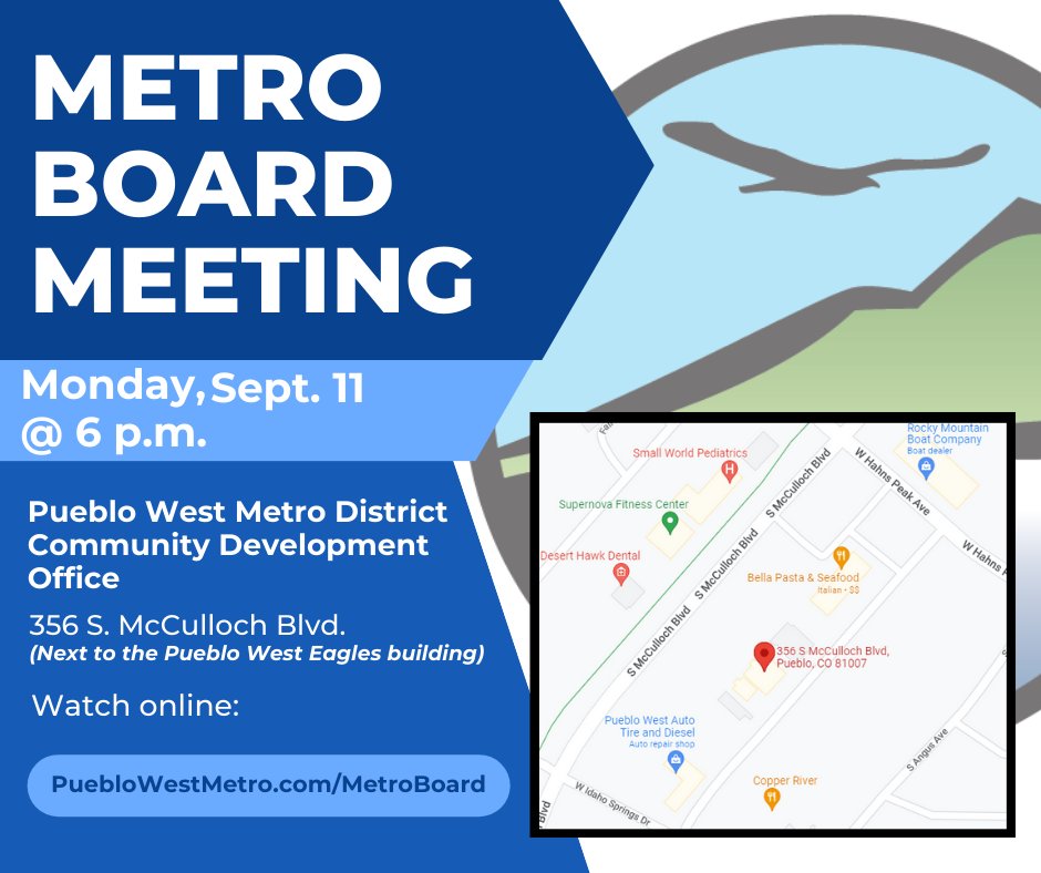 📢 The agenda has been released for the upcoming Pueblo West Metro Board meeting!

📅 When: Monday, September 11, 6:00 p.m.
📍 Where: Pueblo West Metro District Community Development Office, 356 S. McCulloch Blvd., Board Room #103.

📄 Agenda: …eblowestmetroco.portal.civicclerk.com/event/432/over…