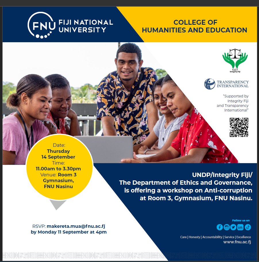 integrity_fiji's tweet image. Inviting #FNU students&amp;amp;AC advocates to #PacificYouthVision Anti-Corruption Workshop-Thurs 14/9/23.Discussions &amp;amp; strategising on how young leaders can creatively advocate on AC.#UNPRAC #integrity #transparency #accountability #TeieniwaVision @MFATNZ @UNDP_Pacific @SonjaStTr