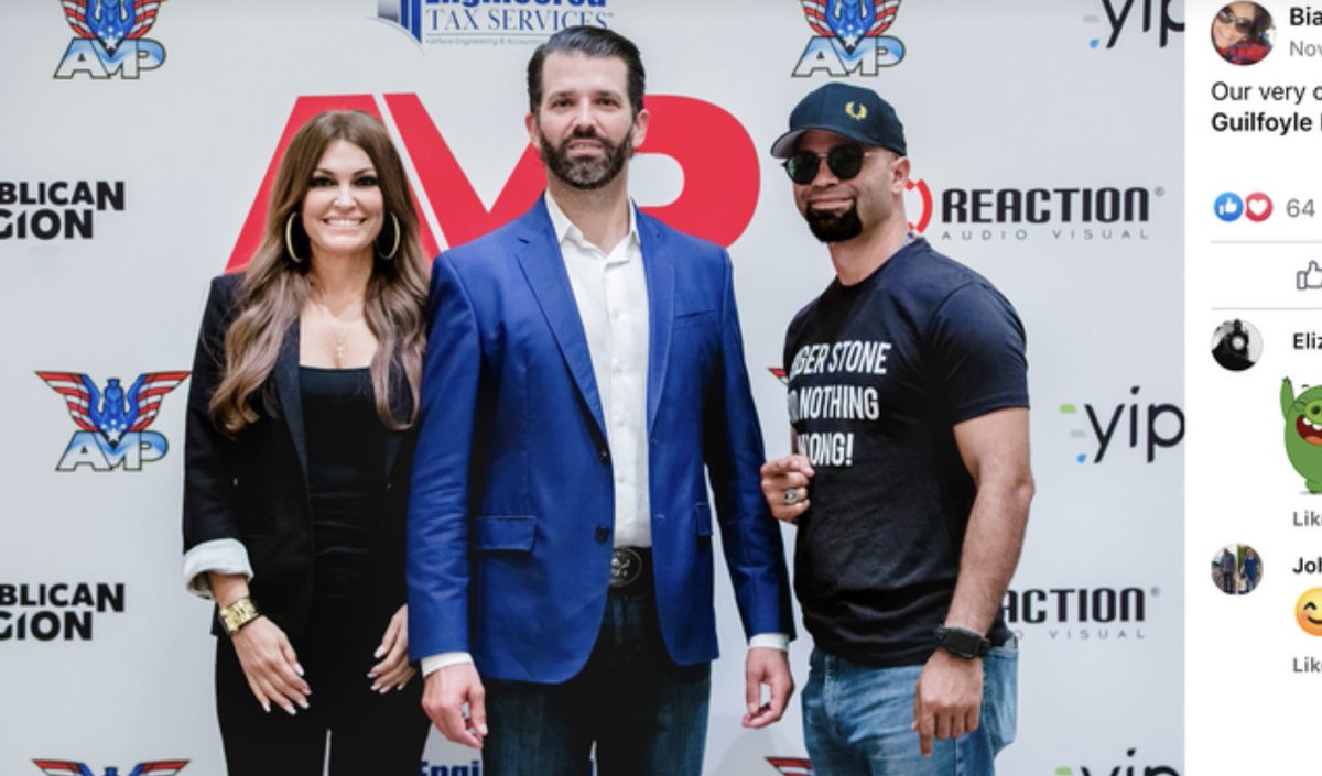 highbrow_nobrow's tweet photo. Donald Trump Jr. and Kimberly Guilfoyle photographed with Enrique Tarrio, the leader of the Proud Boys. 

Tarrio was recently sentenced to 22 years in prison for seditious conspiracy. https://t.co/8jwoUTaFiE