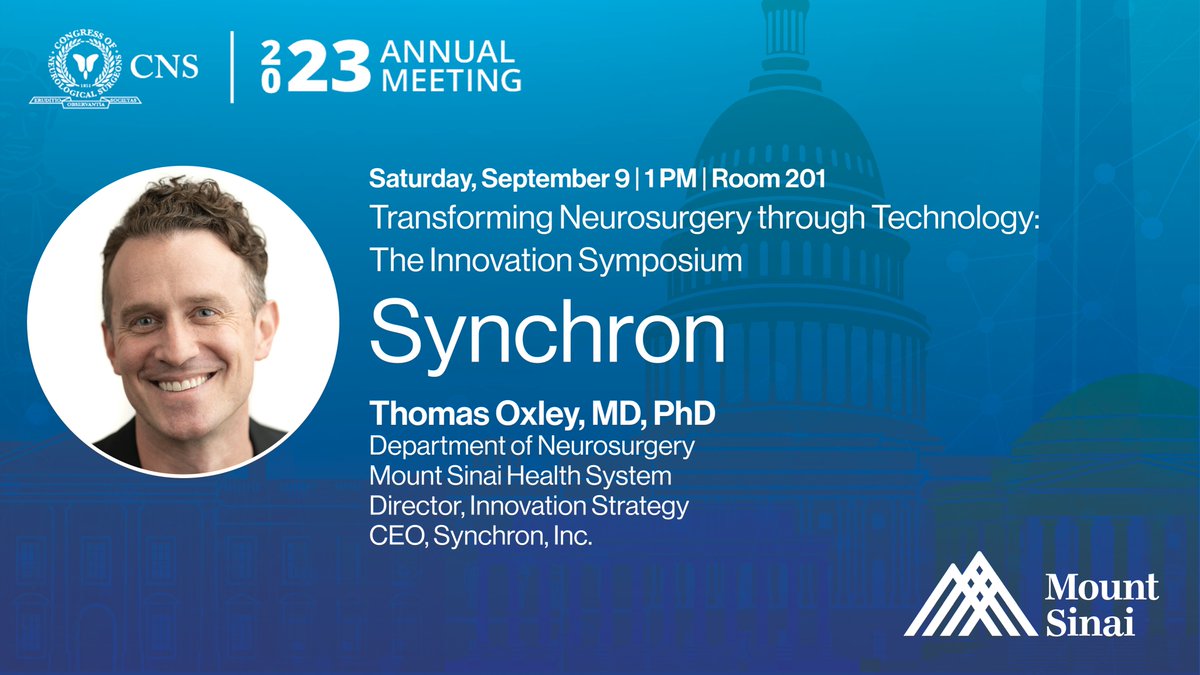 Special offer for #2023CNS attendees! Don't miss the chance to meet @tomoxl, a prominent #Neurosurgery pioneer! @synchroninc is the driving force behind the revolutionary first fully implantable #BCI! @MountSinaiNeuro @CNS_Update @neurosurgery @SinaiBioDesign #Neurotech @NIH