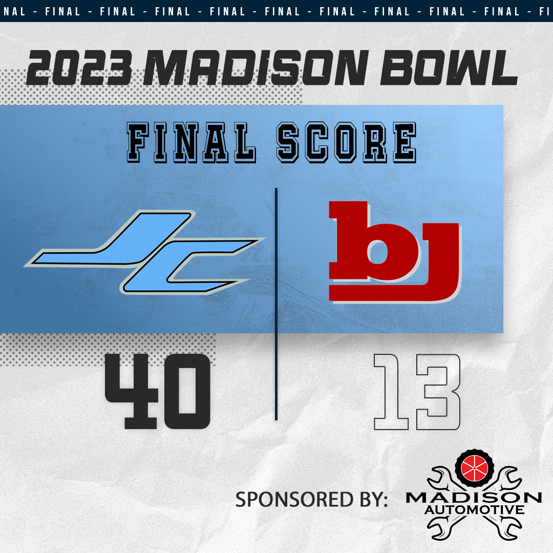Your Final Score in the Madison Bowl

James Clemens-  40

Bob Jones- 13

JETS WIN!!!!!!!

Final Score Sponsored by Madison Automotive