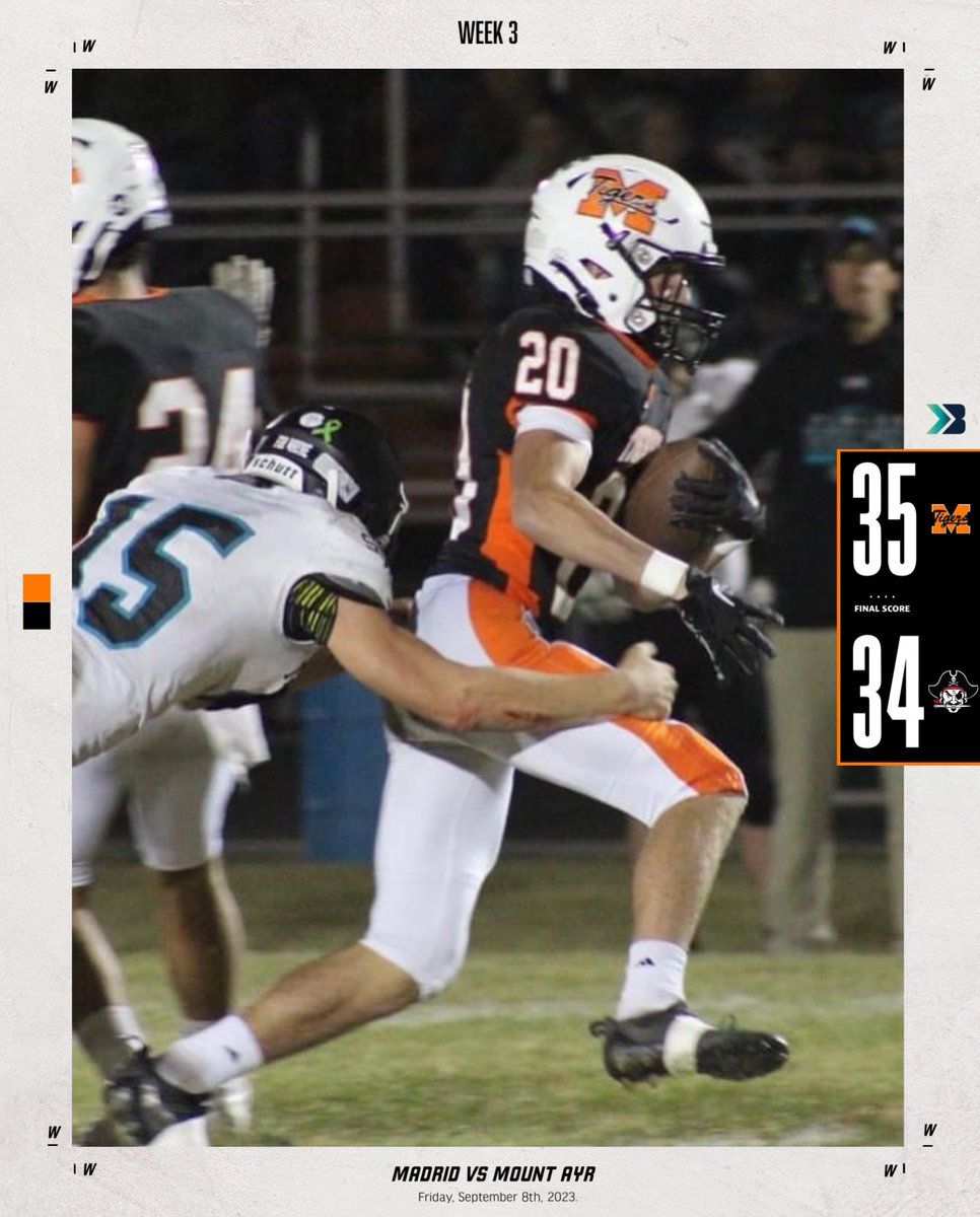 🚨𝐅𝐈𝐍𝐀𝐋 𝐒𝐂𝐎𝐑𝐄🚨

Madrid defeats Mount Ayr after deflecting a pass on a 2-pt conversion 👀

What a win for the Tigers 🔥