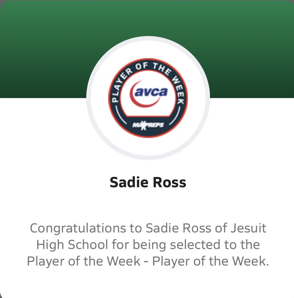 SadieRoss_VB's tweet photo. Thank you so much to @AVCAVolleyball and @MaxPreps for this amazing honor!!! ππΌππ
#JesuitPortland #2026Recruit #VolleyballProspect #OregonVB https://t.co/lHOhqbWyia