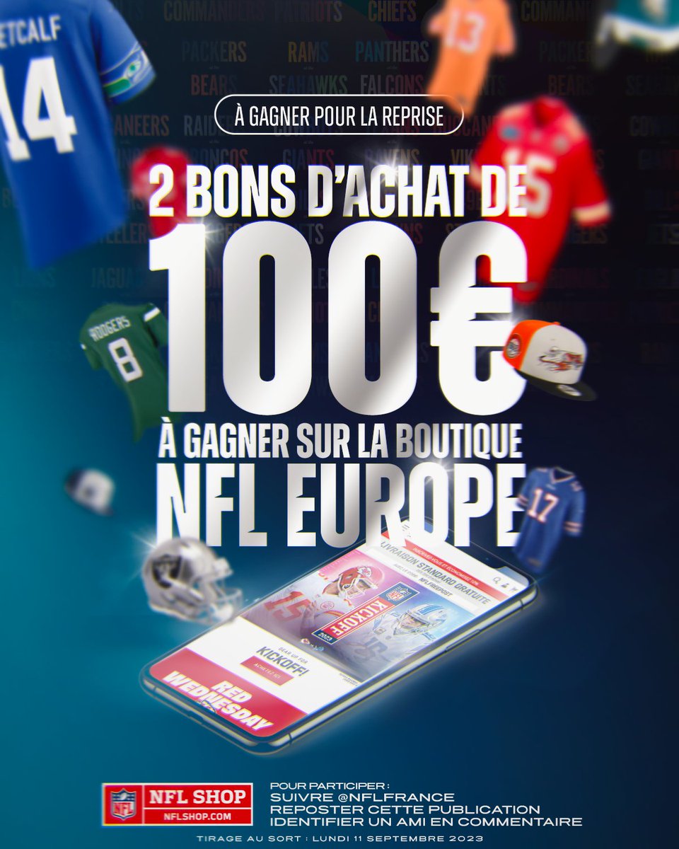 🛒🎁 JEU CONCOURS NFL Shop ! 

À l’occasion du #Kickoff2023, nous vous offrons 2 bons d’achat de 100€ à utiliser sur le NFL Shop Europe ! 

Pour participer:
• Suivre <a href="/NFLFrance/">NFL France</a>
• Reposter cette publication
• Mentionner un ami