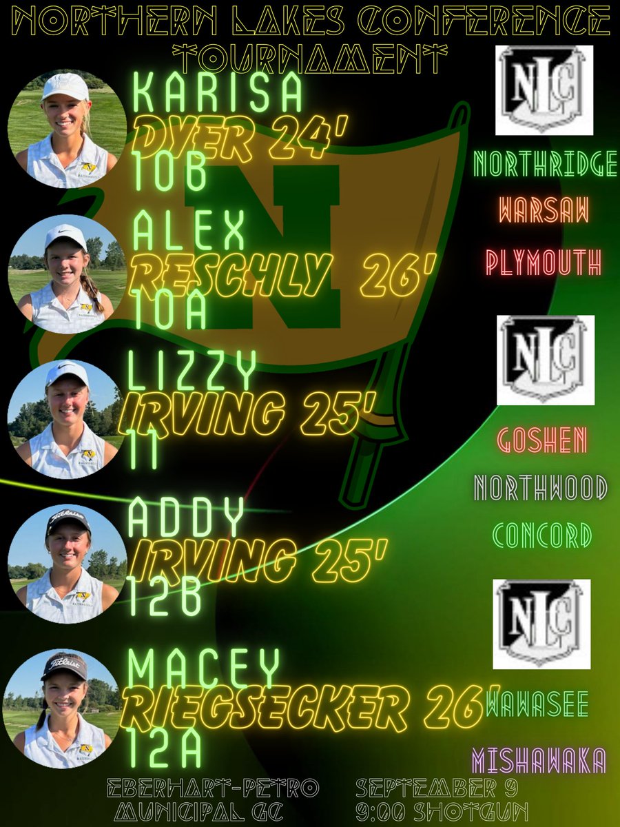 Let's go Raiders!  NLC Tournament at Eberhart-Petro Municipal GC.  It's time to finish what you started.  Leave no doubt! #believe #everystrokematters #wintheday <a href="/nridgeathletics/">Northridge Athletics</a> <a href="/indianahsgolf/">Indiana HS Golf</a>