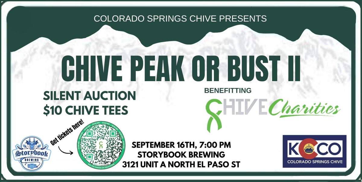 soco_chive's tweet photo. Don’t forget, tickets are on sale for Chive Peak or Bust II Unofficial Meetup! All money raised from ticket sales, silent auction, raffle, shirt sales, etc. goes to Chive Charities. Come hangout at Storybook Brewing with Chivers from all over COLORADO💚 https://t.co/R00a4N1Xwn
