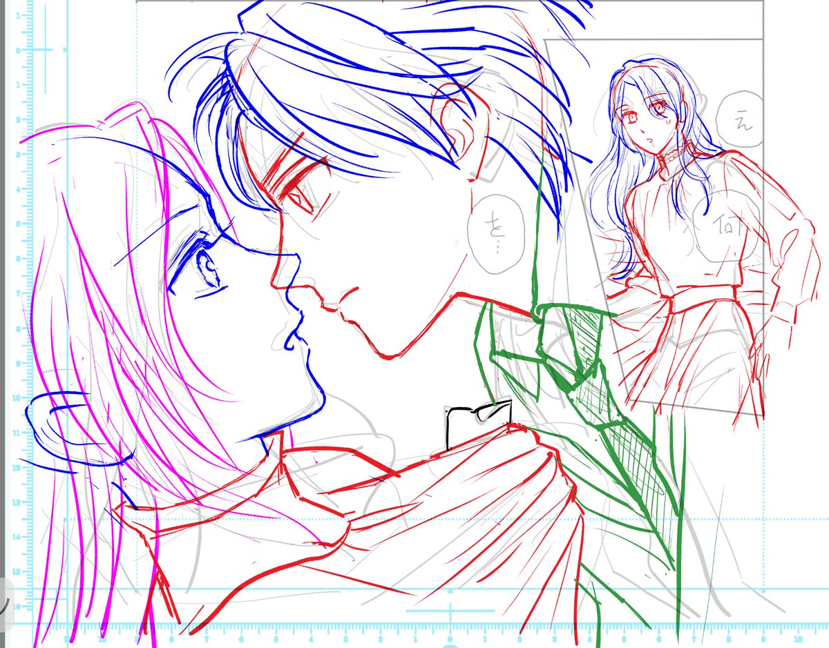 255話(55-4)更新です。 久し振りに逆転カップル描けて楽しかったです😃 https://manga.line.me/product/periodic_book_list?id=S113935&sort_type=0&is_free_only=0&t=1694225583678 分割無しで数えると55話目なんですが、今回は試しに1話分38ページをGalaxy tabのクリスタで下絵をしてみました。カラフル~。 ネームは電子ペーパーのBOOX MAX Lumi。
