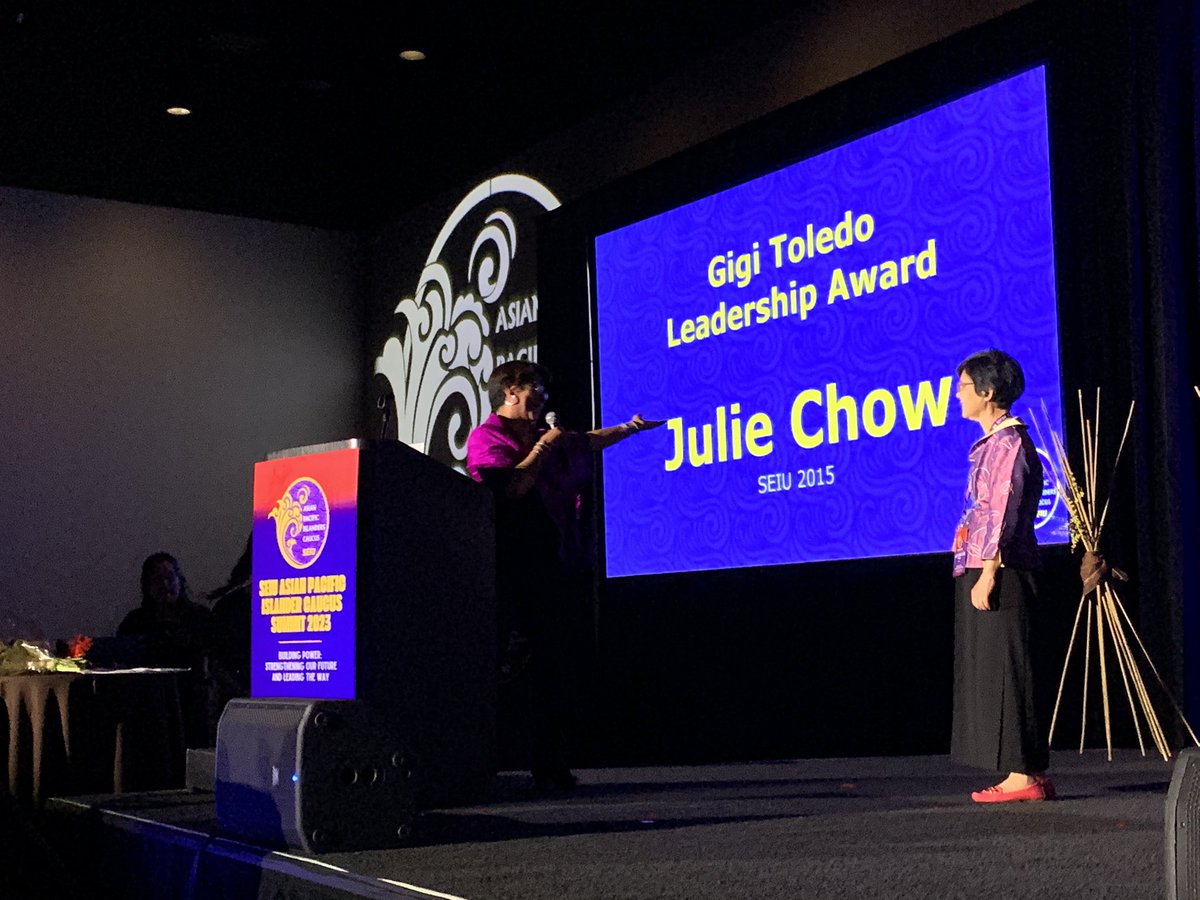 SEIU_Saenz's tweet photo. I had the honor of presenting the Gigi Toledo Award to @SEIU2015 Julie Chow for leading the fight for social justice and workers’ rights in the API community. In the words of Gigi, “We won’t be intimated, we won’t back down!” #APIpower https://t.co/LOerEsZQCw