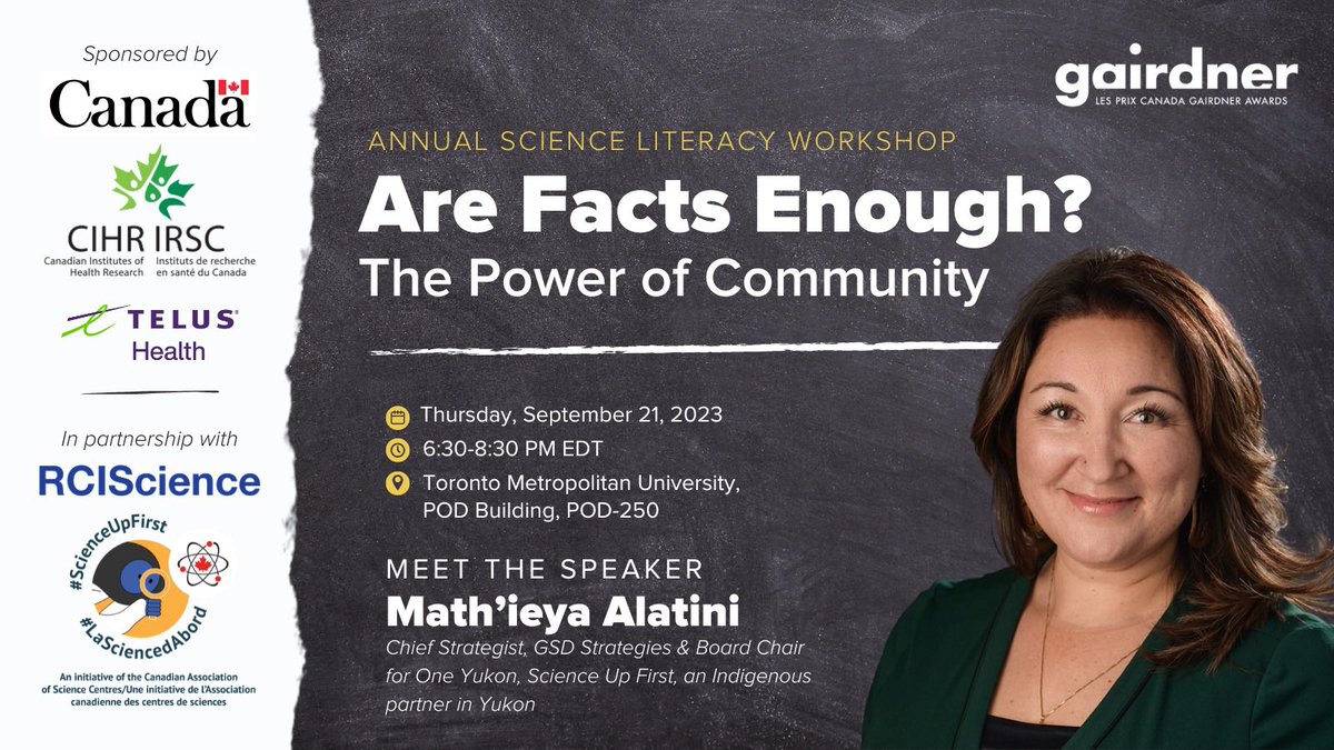 Mathieya's tweet image. The @GairdnerAwards #SciLitWorkshop is back Sept 21! With @ScienceUpFirst @RCIScience + presented by @CIHR_IRSC &amp;amp; @TELUSHealth, this free, in-person workshop will explore what #ScienceLiteracy is and its role in building science culture.
Register ➡️bit.ly/SLW-2023