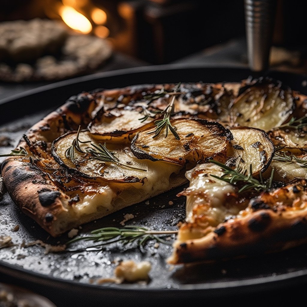 MidjourneyEats's tweet photo. Roman pizza topped with charred potato slices, aged mozzarella, grated parmigiano-reggiano, rosemary, and cracked black pepper. https://t.co/02o7Oa3FVW