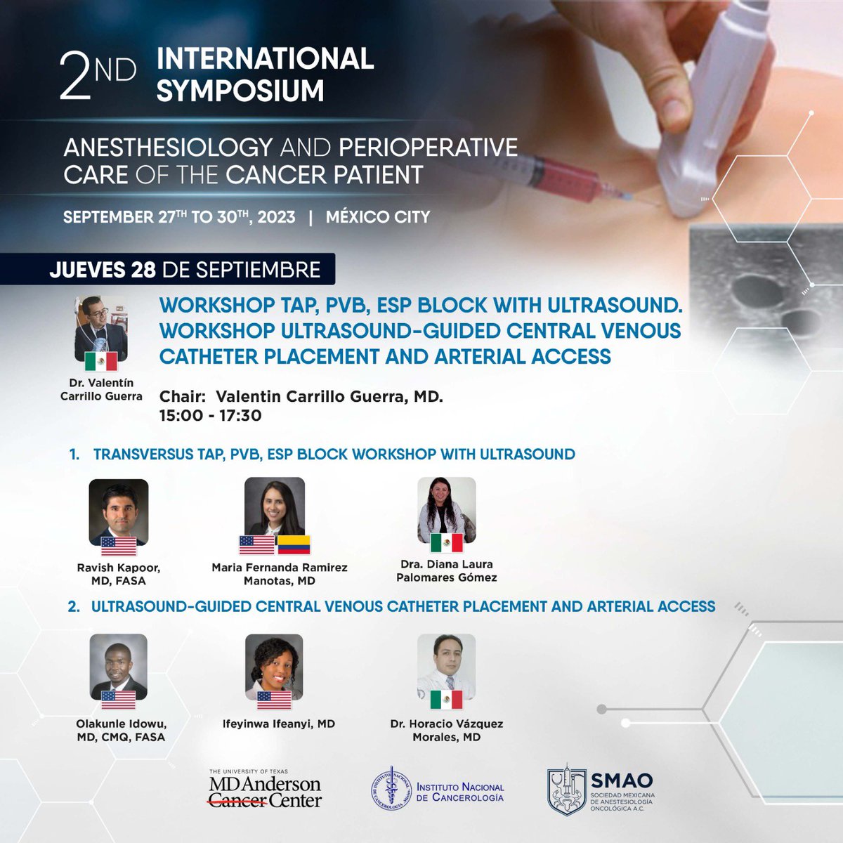 cuellarluis's tweet photo. Workshops/Talleres 2do International Symposium Anesthesiology and perioperative care of the cancer patient.
@incanMX /@MDAndersonNews 
Ultrasonido Perioperatorio en Cx Oncológica, POCUS, Vía aérea difícil en el paciente con cancer. @SMAOANESTONCO @docenciaincan https://t.co/SBQbkVG3I4