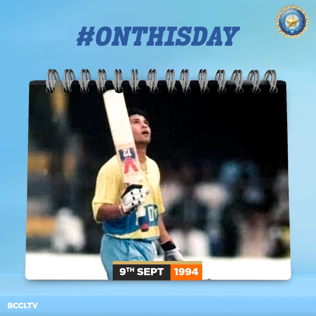 BCCI's tweet photo. 🗓️ #OnThisDay in 1994,

The legendary @sachin_rt scored his Maiden ODI century and the rest is history! 👏👏

#TeamIndia https://t.co/jsg8MJNxiR