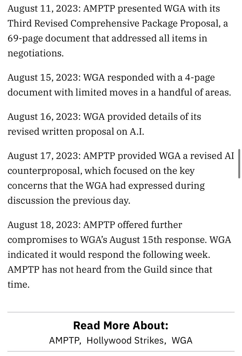 But now, a full 28 days after their one and only counter offer, the AMPTP has released their own timeline of events — one that conveniently omits their 8/22 dirty trick and tries to make it seem like the WGA is the problem rather than their own failure to agree on a counter.