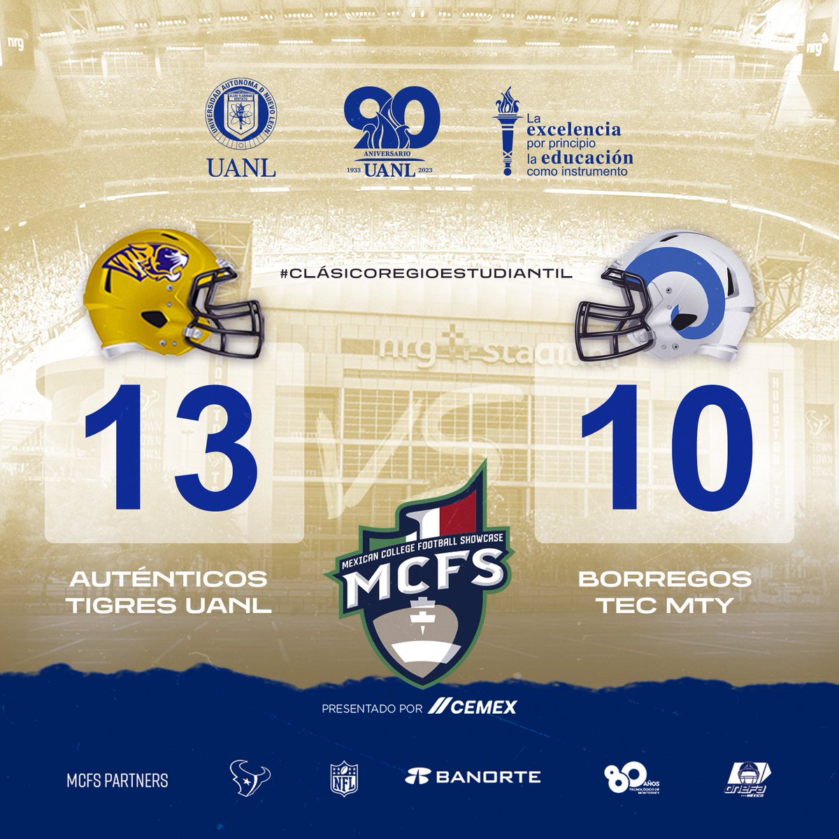 ¡Rugimos en Houston! 🐯 

Con garra y entrega, nuestros <a href="/UANL_Autenticos/">Autenticos Tigres UANL</a> vencen a los #BorregosMonterrey en el #ClásicoRegioEstudiantil, celebrado en el NRG Stadium. 💪🏽

¡Bien hecho, Auténticos! 👏👏
