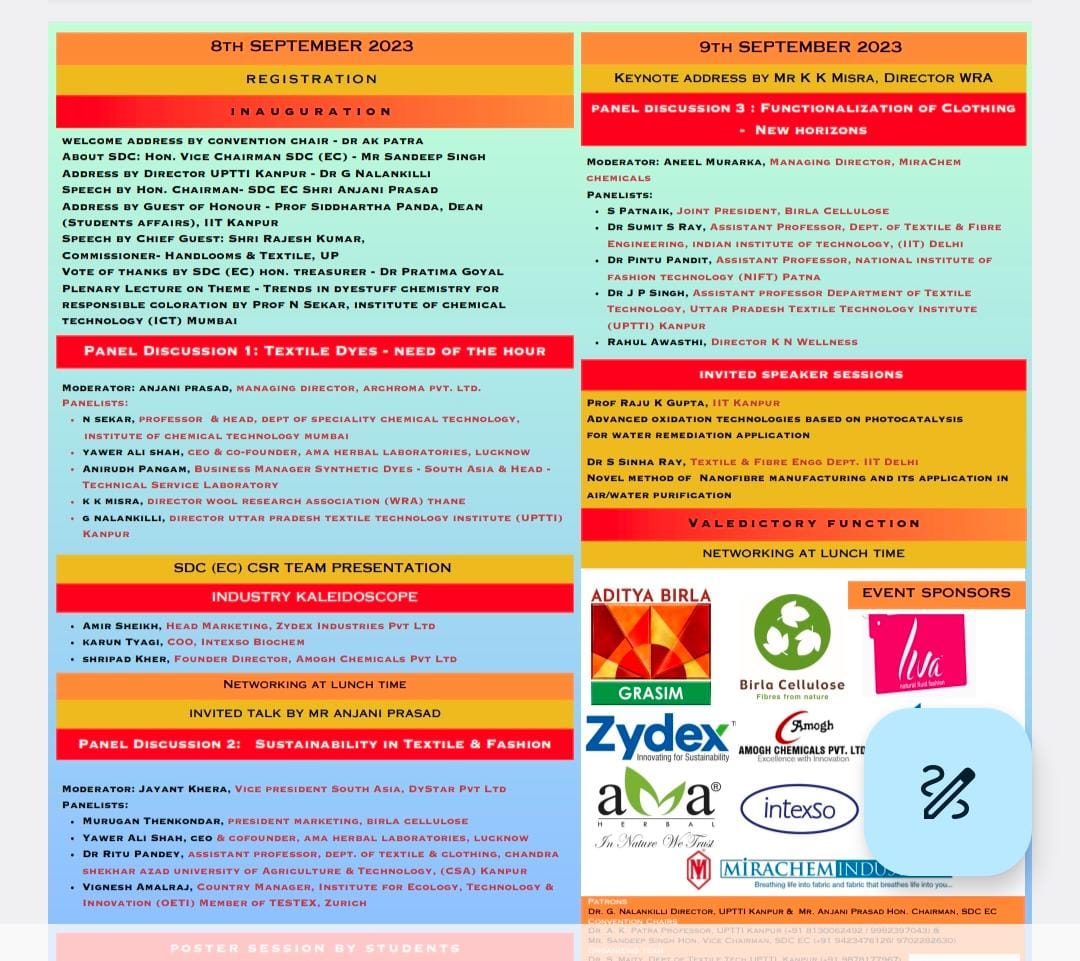 AneelMurarka's tweet photo. Hello Friends, Attending the #NationalConvention on #Colouration and #RecentTextileTrends organised by SDC at Kanpur today. #MirachemIndustriies is proud to be associated with the same.The convention is attended by industry’s top professionals
I'm highly privileged to be a Moderator for the Panel Discussion on the topic of "Functionalization of Clothing - New Horizons." This convention is expected to deliver captivating discussion, highlight industry challenges, and provide networking opportunities with the industry’s top leaders 🎤 🧵 🎨