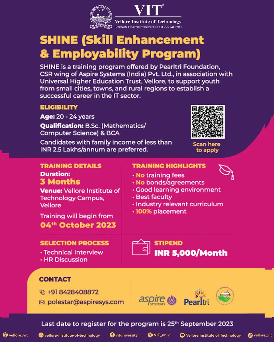 VIT_univ's tweet photo. #UHET Vellore, in collaboration with Aspire Systems, is offering the #SkillEnhancement and Employability Programme, which aims to help #youth from small cities, towns, and rural areas establish a successful #career in the IT field
#VIT #AspireSystems #EmploymentTraining #Careers https://t.co/wYK4YwowQd