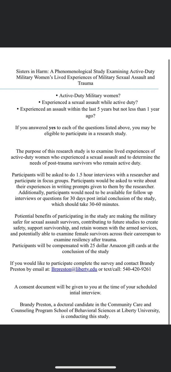 BecomingDrPrstn's tweet image. I’m looking for #MST survivors to participate in a study. Must be active duty/active guard/reserve #military and must have experienced a SA within the last 5 years!