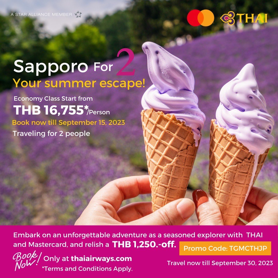 ThaiAirways's tweet photo. #ExploreHokkaidoTogether Only 16,755 baht/person*. 👉 https://t.co/lpmbh0Nlff 🌄 Take off on an unforgettable adventure with your loved ones!
*Minimum of 2 adult passengers
**T&Cs apply. 📜
#ThaiAirways #Mastercard #Japan #Sapporo #Hokkaido #GV2 #iFlyTHAI #MagicalJourney https://t.co/ZDENtFYjIK