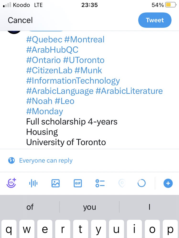 #Quebec #Montreal 
#ArabHubQC
#Ontario #UToronto 
#CitizenLab #Munk 
#InformationTechnology #ArabicLanguage #ArabicLiterature 
#Noah #Leo
#Monday 
Full scholarship 4-years
Housing 
University of Toronto 

Leo: