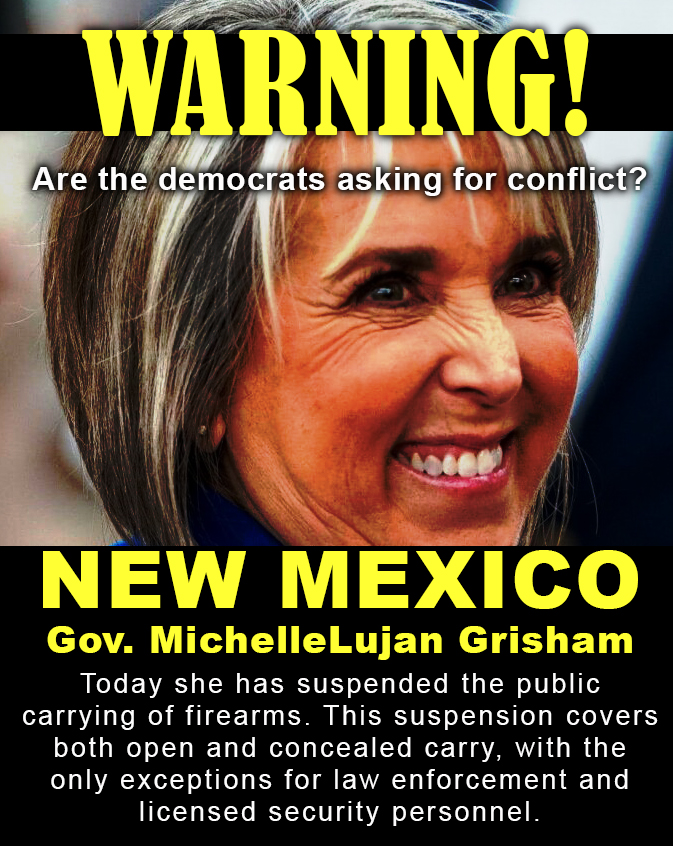 MagaKraka's tweet photo. Are they normalizing the restriction of our freedoms? Is this intended to create conflict?
#NewMexico - Gov. #MichelleGrisham has suspended public carry of firearms in Albuquerque and the surrounding county. #Trump2024 #GodGivenRight #secondamendment https://t.co/sa5oGSSMCI