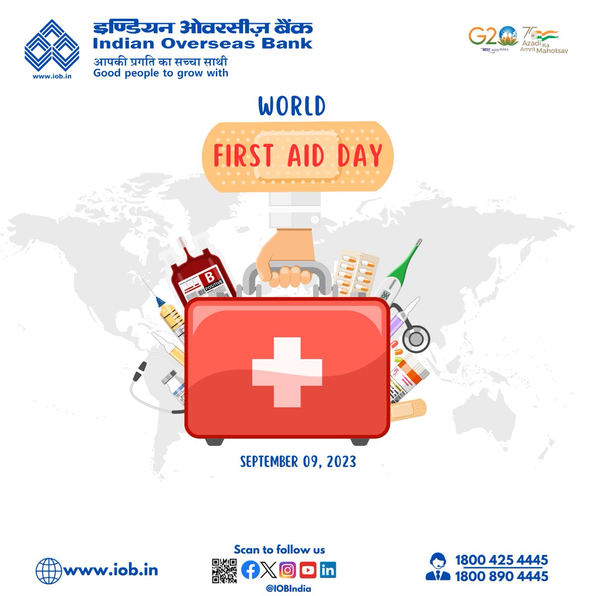 IOBIndia's tweet photo. "Be a lifesaver on World First Aid Day! Learn essential first aid skills today to empower yourself and others. From CPR to wound care, let's come together and make a difference. Share the knowledge, save lives!" #firstaidday #firstaidday2023  

#IOB #IndianOverseasBank #DFS #RBI https://t.co/qRlDZbJ8rM