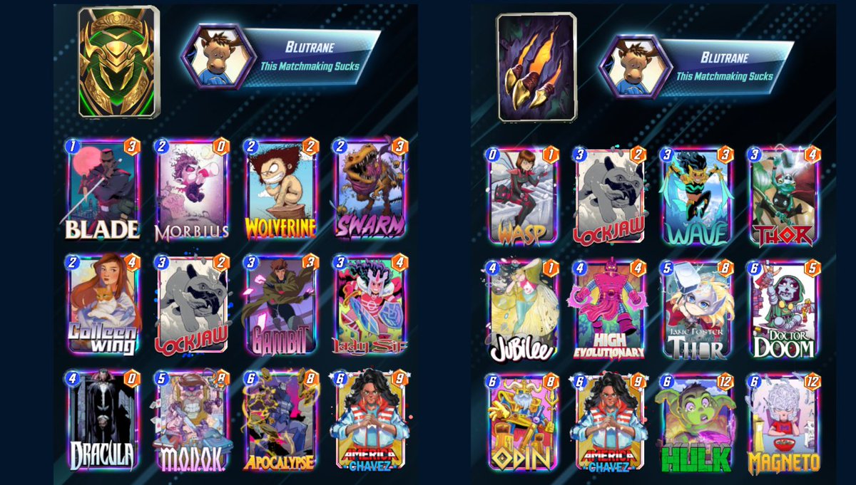blutrane's tweet photo. 🐶1250 Infinite w/ Lockjaw decks! 🐶  

🃏2 decks that are playable into Loki🤮

1⃣ @ZombiesGoNomNom Lockjaw discard
♣️ Loki dislikes the discard pkg, gambit snipes Collectors!

2⃣ My version of Evo-Jaw with Wave and Odin
🌊Wave on 4 into Odin on 5 to lock Loki out!

#KeepItCosmo https://t.co/2cLTcr4o0s