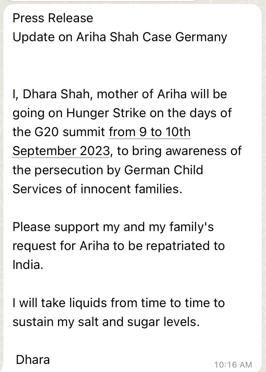 SaiRamSays's tweet image. Big breaking: Dhara Shah, the mother of #BabyAriha ( Indian baby in German custody) to sit on Hunger Strike on the #G20India2023 days i.e 9th and 10th September to bring awareness about by GERMAN CHILD SERVICES of INNOCENT FAMILIES! 

More power to you @Ariha_Mother