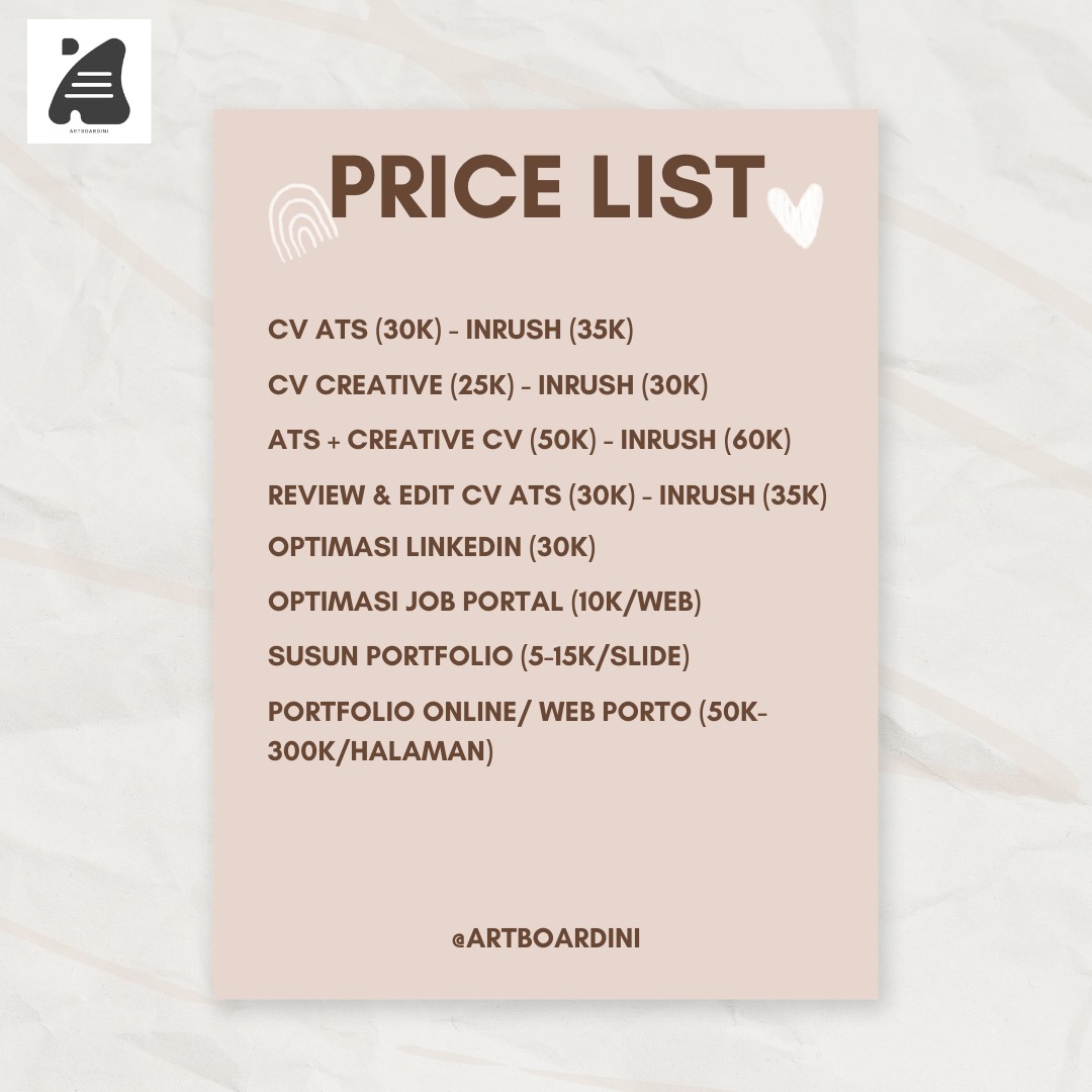 artboardini's tweet photo. - Joki bikin CV ATS &amp; CV creative
- Edit/ review CV
- Rapiin/ ngisi LinkedIn

Dibantu nyusun kata-kata, deskripsi pengalaman, translate ke english, matching kerwords dengan job desc lokernya. Ohya fresh grad pasti dibantu bikin CV ga terlihat kosong.

Link WA ada di bio yaa ❣️ https://t.co/j21xmO4KBh