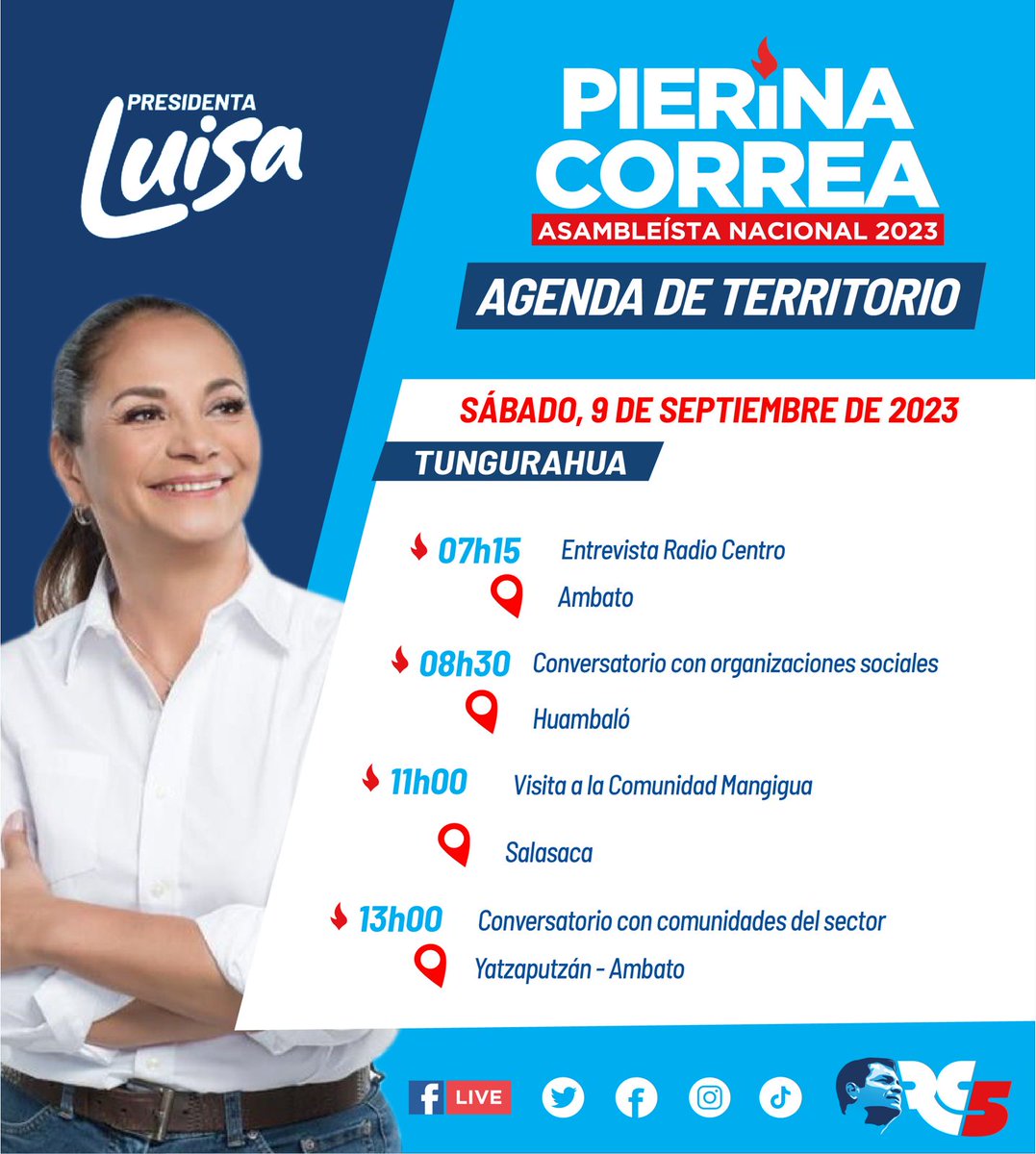 Les compartimos la agenda de nuestra queira  compañera <a href="/pierinaescorrea/">Pierina Correa Delgado</a> !
#LuisaLaPresidentaQueNecesitamos 
Vamos Que Ganamos !!!!
<a href="/LuisaGonzalezEc/">Luisa González</a>
<a href="/ecuarauz/">Andrés Arauz</a>
<a href="/MashiRafael/">Rafael Correa</a> 
Seguimos trabajando!!!!! 💙🤍
#ElResurgirDeLaPatria se acerca ✨
