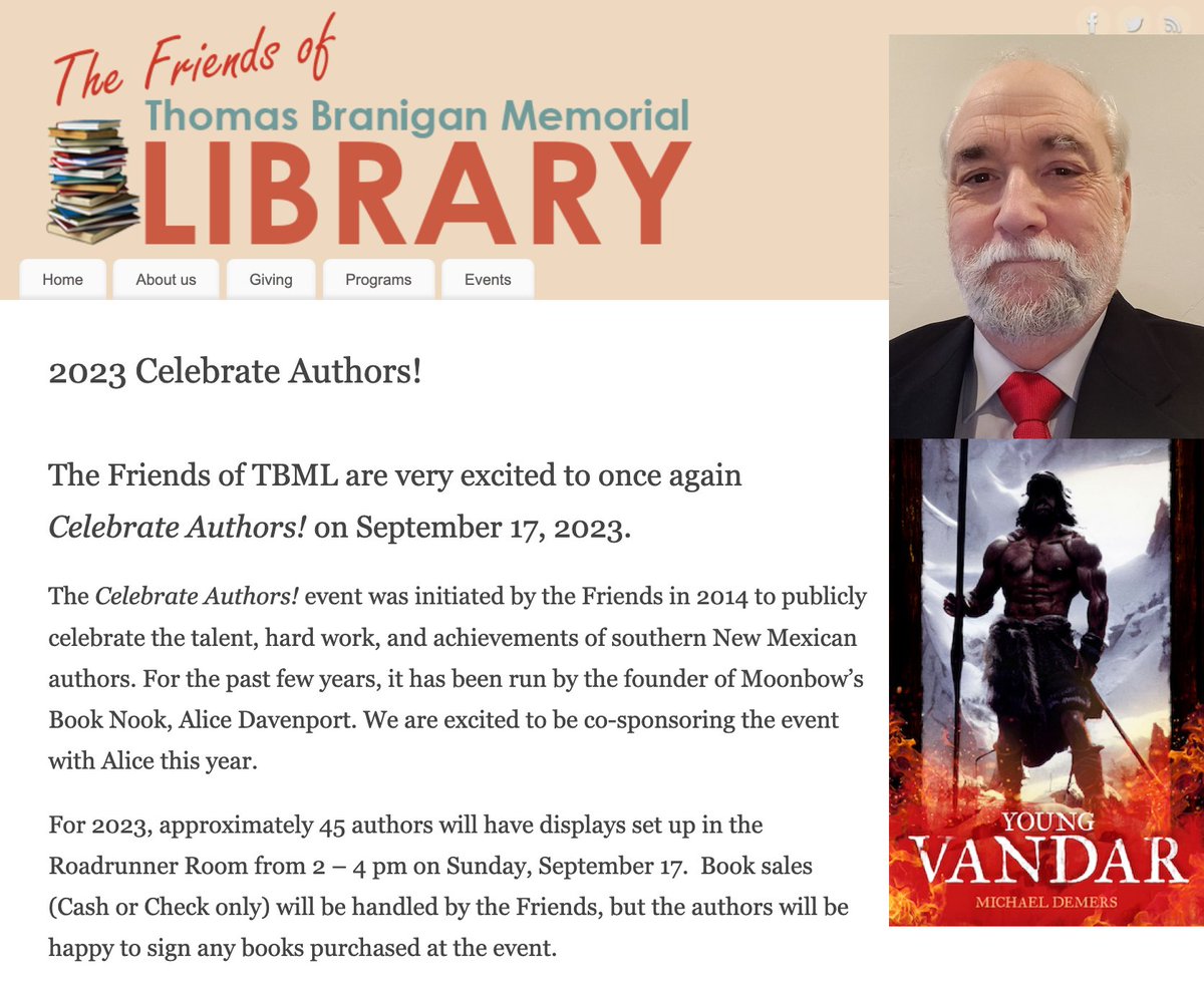 I will be signing copies of Young Vandar at Branigan Memorial Library, on Sunday, Sept. 17, 2023, 2 - 4 pm in the Roadrunner Room.