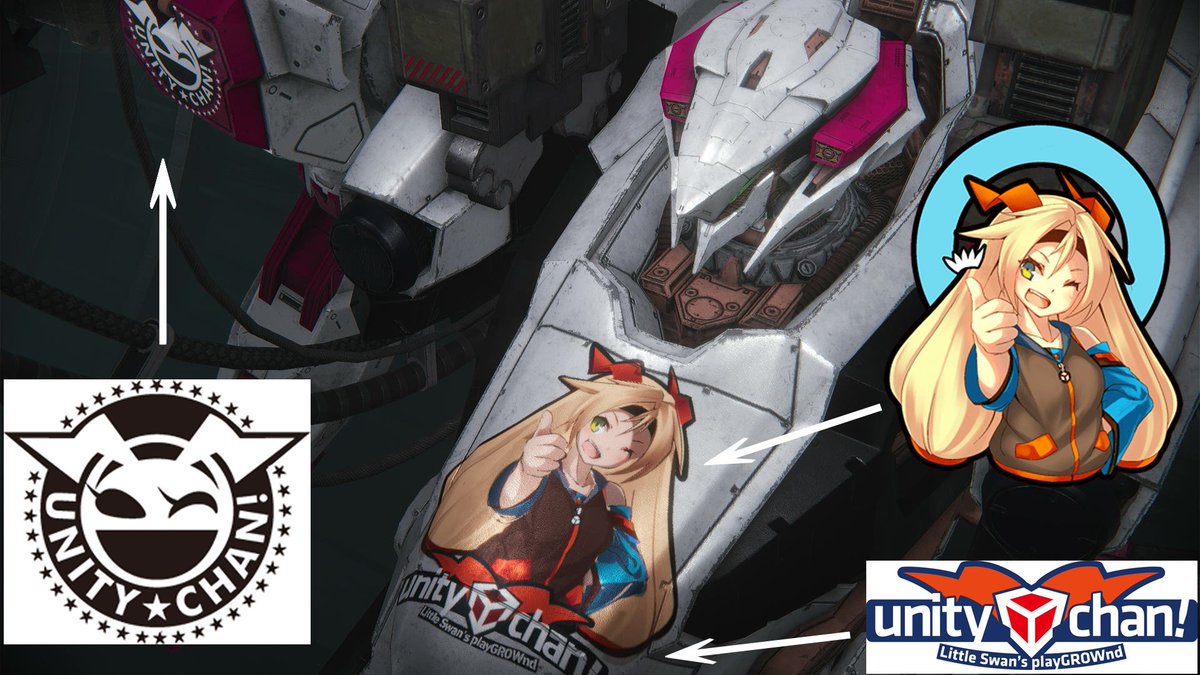 ryo_the_speed6's tweet image. 完成とします！デカール7枚重ねてユニティちゃん描いたから見て。もうちょっと使いやすいイメージエディットのアプデ入ったらいいなと思う。
元絵と比較画像、共有ID（PS5版）

#unitychan  #AC6デカール #AC6エンブレム