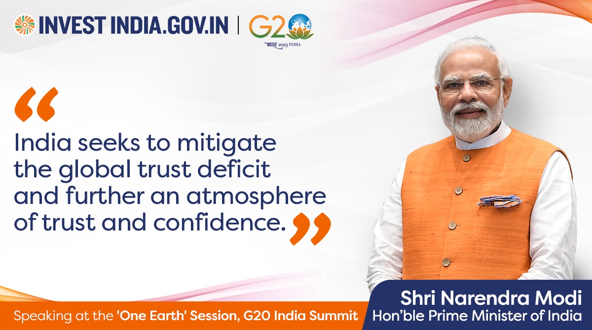 Speaking at the 'One Earth' Session of the #G20Summit, Hon'ble PM @narendramodi called for trust and international cooperation to address global challenges. #InvestIndia #InvestInIndia #G20 #G20India2023 @g20org