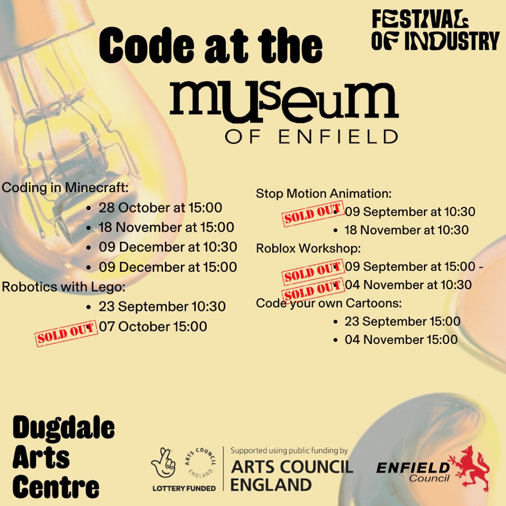 Our workshops with <a href="/CNEnfield/">Code Ninjas Enfield</a> have been a hit and children have been having a blast learning how to code while having fun! Tickets are going quick make sure to book your space at: dugdaleartscentre.co.uk/whats-on  <a href="/DAC_Enfield/">Dugdale Arts Centre</a> #youthenfield #enjoyenfiled #FestivalofIndustry <a href="/ace__london/">Arts Council England, London</a>