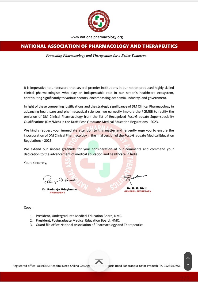 Subject: Urgent Amendment Request for Draft Post-Graduate Medical Education Regulations - 2023 Reference: File No. N-P016 (11)/2/2023-PGMEB-NMC Dated 6th September 2023 for inclusion of DM(Clinical Pharmacology) in the list of recognized PG super specialty qualification(MD/MCh)