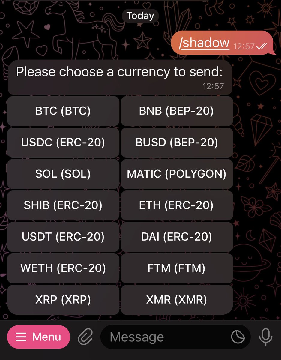 ShadowbotETH's tweet image. $SHA bot is mixing your funds to become absolutely untraceable from anybody on chain .You can choose by
 
USDT(TRC-20) coming soon 👤